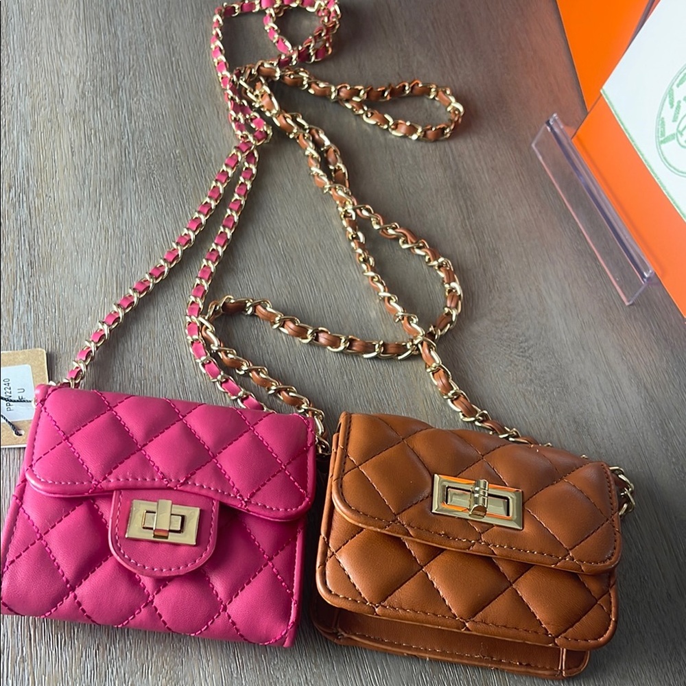 Quilted Chain Strap mini Crossbody Bag - Pink and Tan